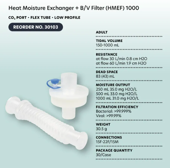 Dynarex Heat Moisture Exchanger Filters 1000 CO2 B/V, Low Profile, Adult