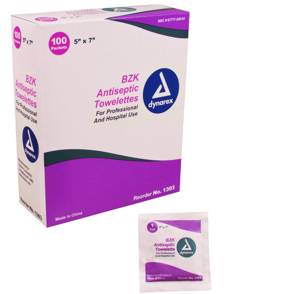 Dynarex-1303 BZK Antiseptic Towelettes, 5" x 7", (10/100/Cs)
