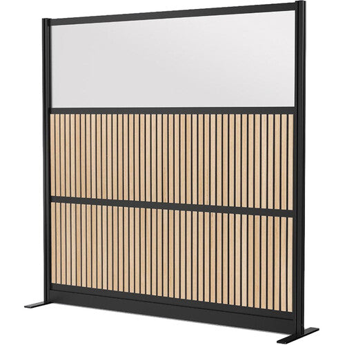 Room divider with black frame and wooden slats on a white background