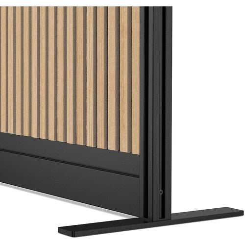 Black metal frame with wooden slats on a white background