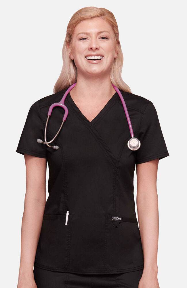Cherokee Medical WW Core Stretch Women's Mock Wrap Princess Seam Solid Scrub Top