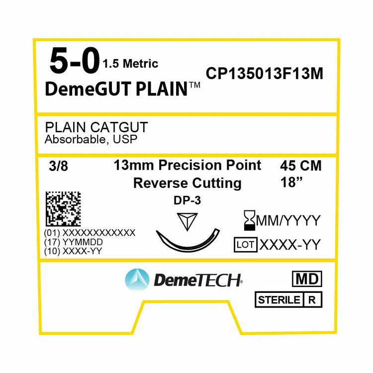 DemeTECH-CP135013F13M 5-0 DemeTECH DemeGUT Plain 18" P-3 Reverse Cutting - Absorbable, Monofilament, Natural, Plain Catgut, Suture 12/Box