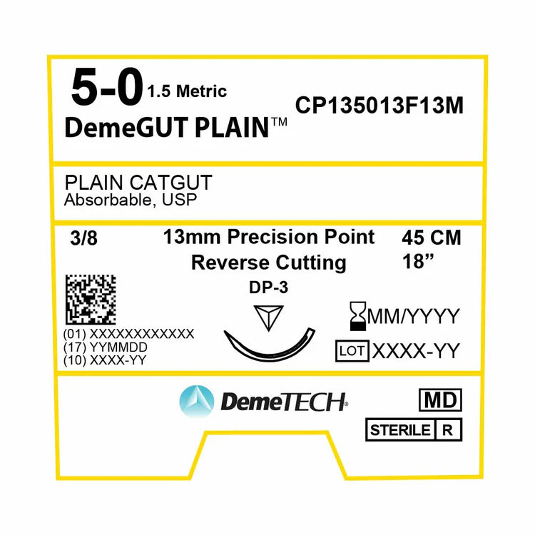 DemeTECH-CP135013F13M 5-0 DemeTECH DemeGUT Plain 18" P-3 Reverse Cutting - Absorbable, Monofilament, Natural, Plain Catgut, Suture 12/Box