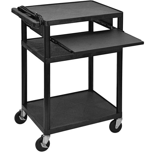 Luxor-LP34LE-B 34" x 24" x 18" Three-Shelf A/V Cart with Electric Assembly and Pullout Shelf