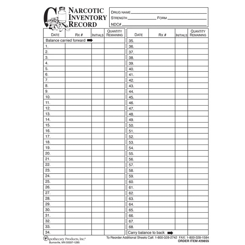 Apothecary Products-29855 Narcotic Inventory Book Replacement Sheets