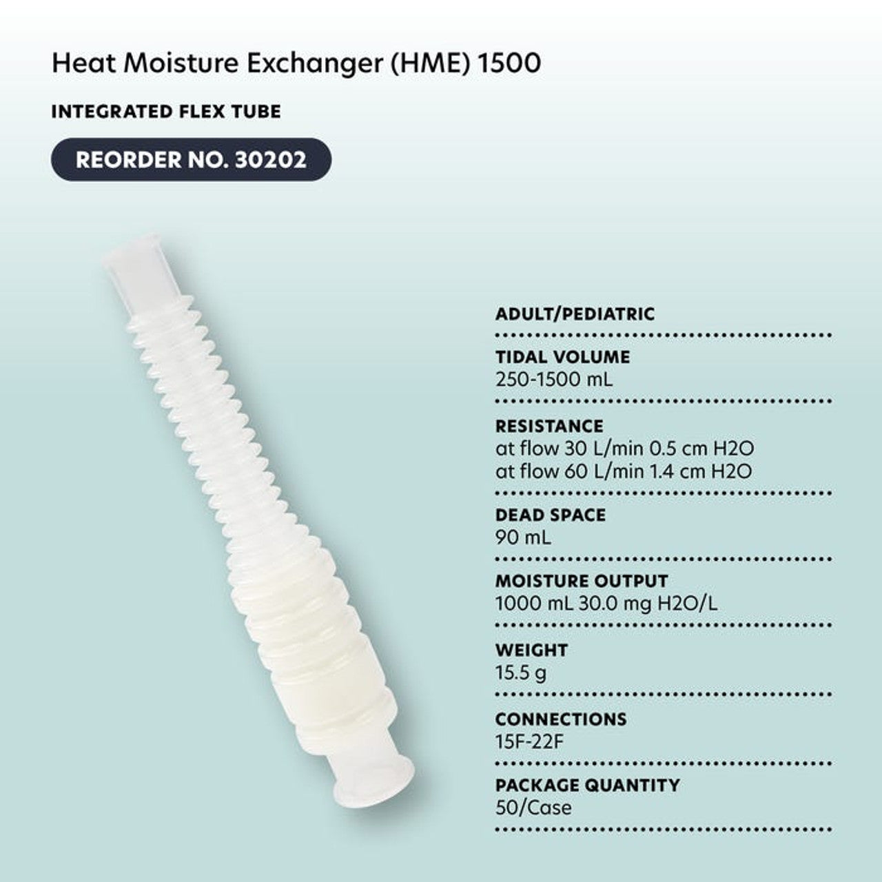 Dynarex 30202 HME 1500 Heat Moisture Exchanger with Integrated Flex Tube, Adult, 50/CS