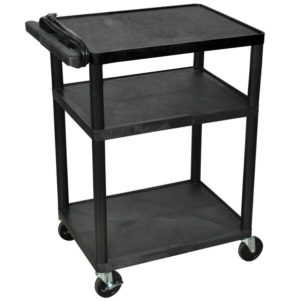 Luxor-LP34E-B 34" Three Shelf AV Cart with Three Outlets and Cord - Black