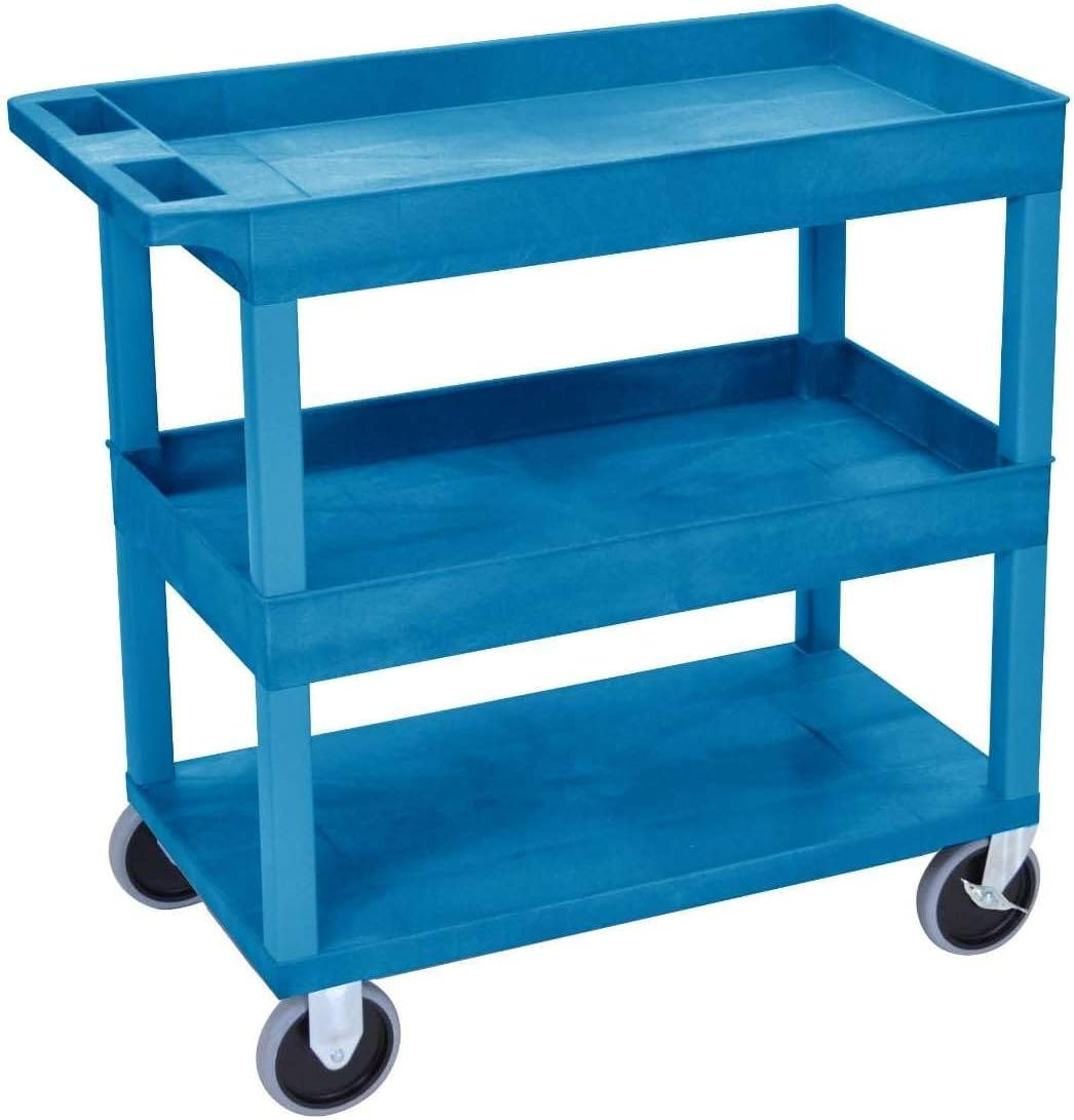 Luxor EC112HD-BU Two Tub/One Flat Shelves 32" x 18" Cart, Blue, Ergonomic Push Handle Molded Into Top Shelf, Rolling Cart with 5" Heavy-Duty Casters, 500 lbs. Maximum Weight Capacity