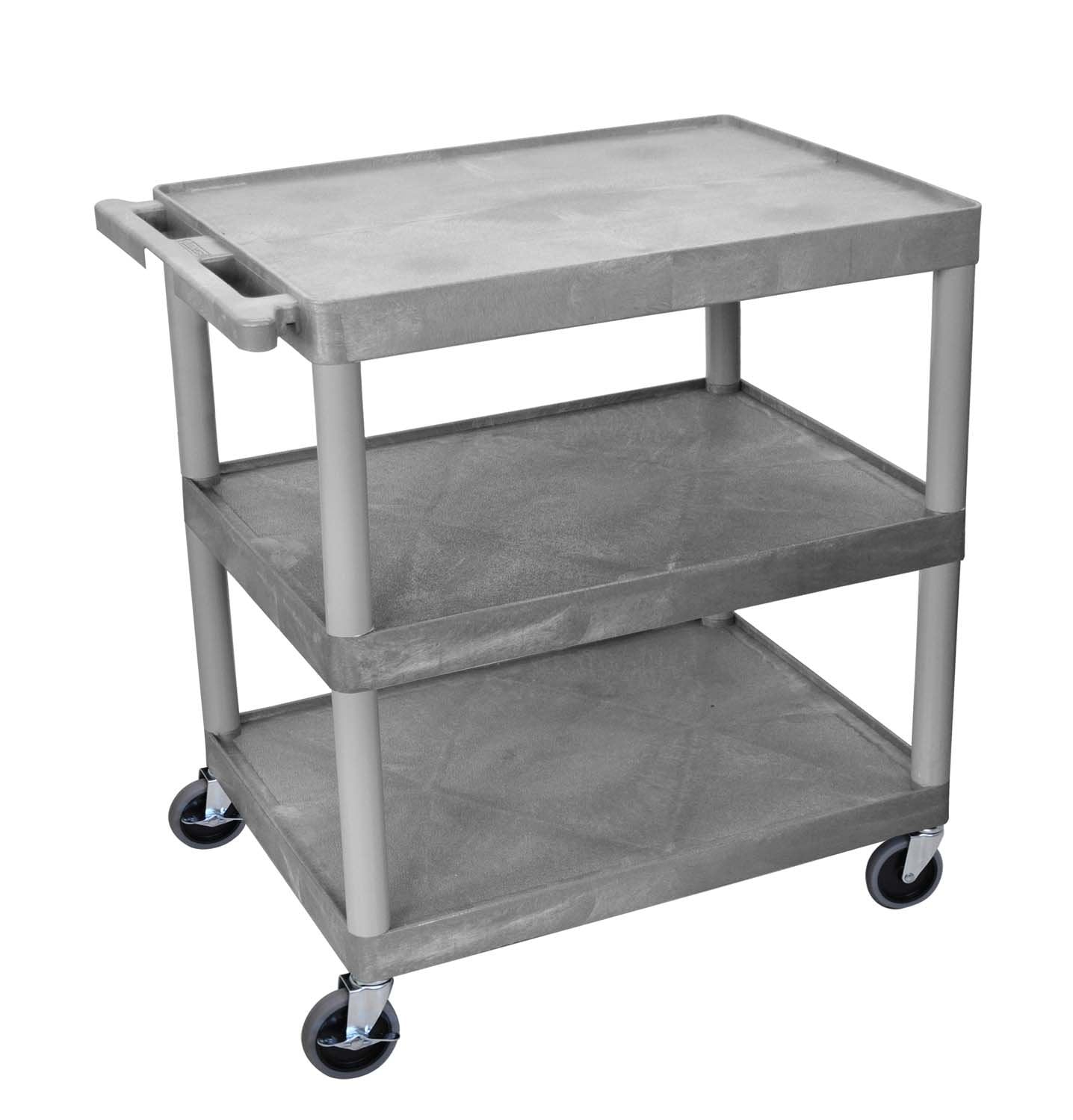 LUXOR HE33-G Utility Cart - 3 Shelves Structural Foam Plastic, Four Heavy-Duty 4" Casters, Two with Locking Brake, Ergonomic Push Handle, 35.25" W x 24" D x 33.5" H