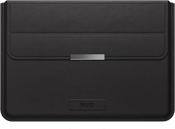 INVZI-0034S916D MacBook Sleeve, Vegan Leather Bag Compatible with 13”/14" MacBook Air, MacBook Pro 14 inch M3 M2 M1 2021-2024, Compact Design with Invisible Stand (Black)
