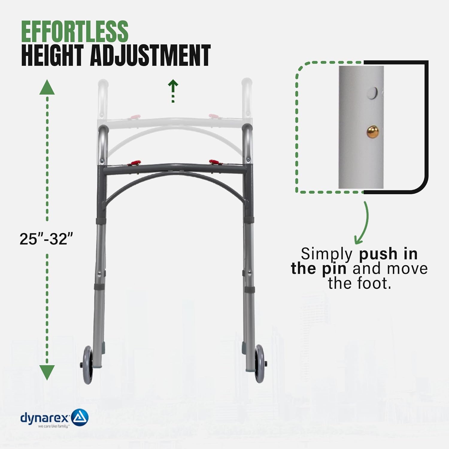 Dynarex 10163-4 Junior Two Button Folding Walker with 5" Wheels, (25.5-32.5), 1pc/bag,4bags/cs