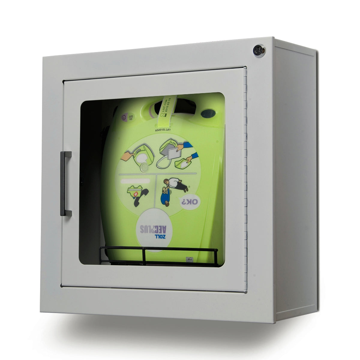 Caja de montaje en pared para superficie ZOLL-8000-0817 (7" de profundidad) diseñada para sostener AED Plus (en un soporte sin estuche de transporte) y un juego de electrodos de repuesto.