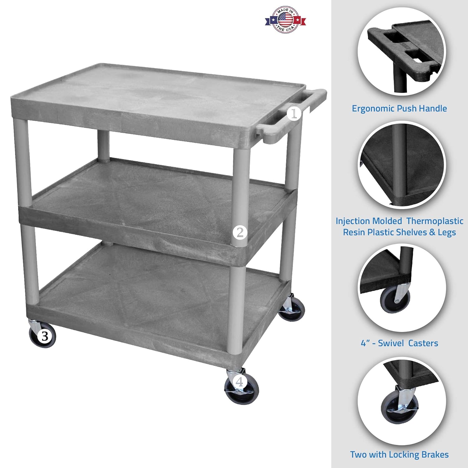 LUXOR HE33-G Utility Cart - 3 Shelves Structural Foam Plastic, Four Heavy-Duty 4" Casters, Two with Locking Brake, Ergonomic Push Handle, 35.25" W x 24" D x 33.5" H