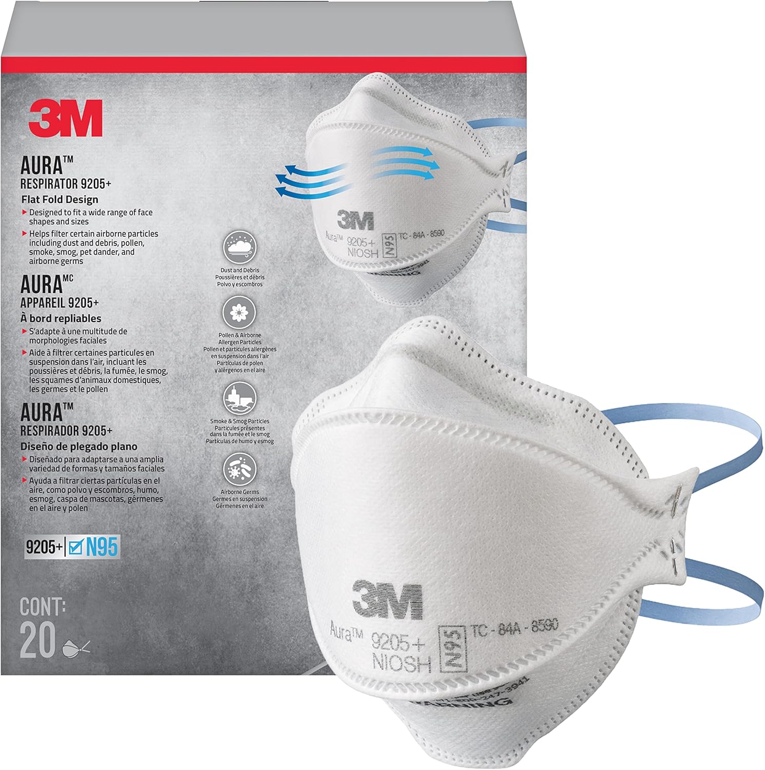 3m-9205+ Aura™ Particulate Respirator, White, 20/ctn, 12 ctn/cs (Continental US+HI Only)
