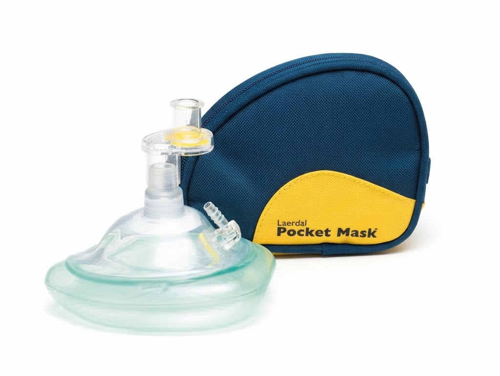 LAERDAL-83004133 Máscara de bolsillo con entrada de O2, correa para la cabeza, guantes, estuche blando negro