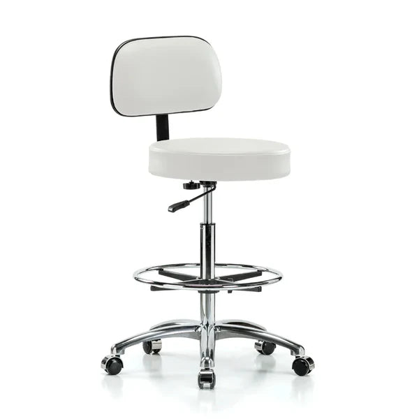 Taburete para médico Graham Field, liberación con manija en forma de D, base de aluminio pulido con respaldo y reposapiés