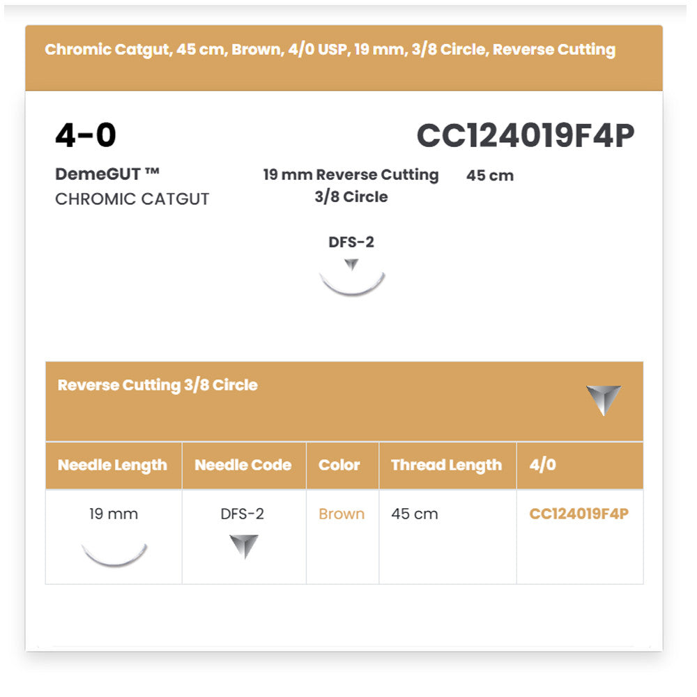 DemeTECH-CC124019F4P DemeGUT 4/0, 18' (45 Cm) Chromic Catgut Absorbable Brown Suture, 12/Box