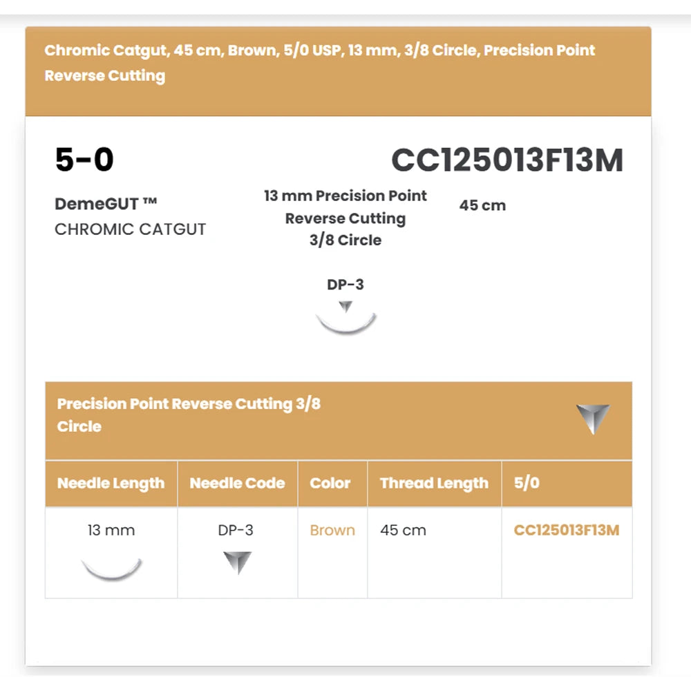 DemeTECH-CC125013F13M 5-0 DemeTECH DemeGUT Chromic 18" P-3 Reverse Cutting - Absorbable, Chromic Catgut, Monofilament, Natural, Suture 12/Box