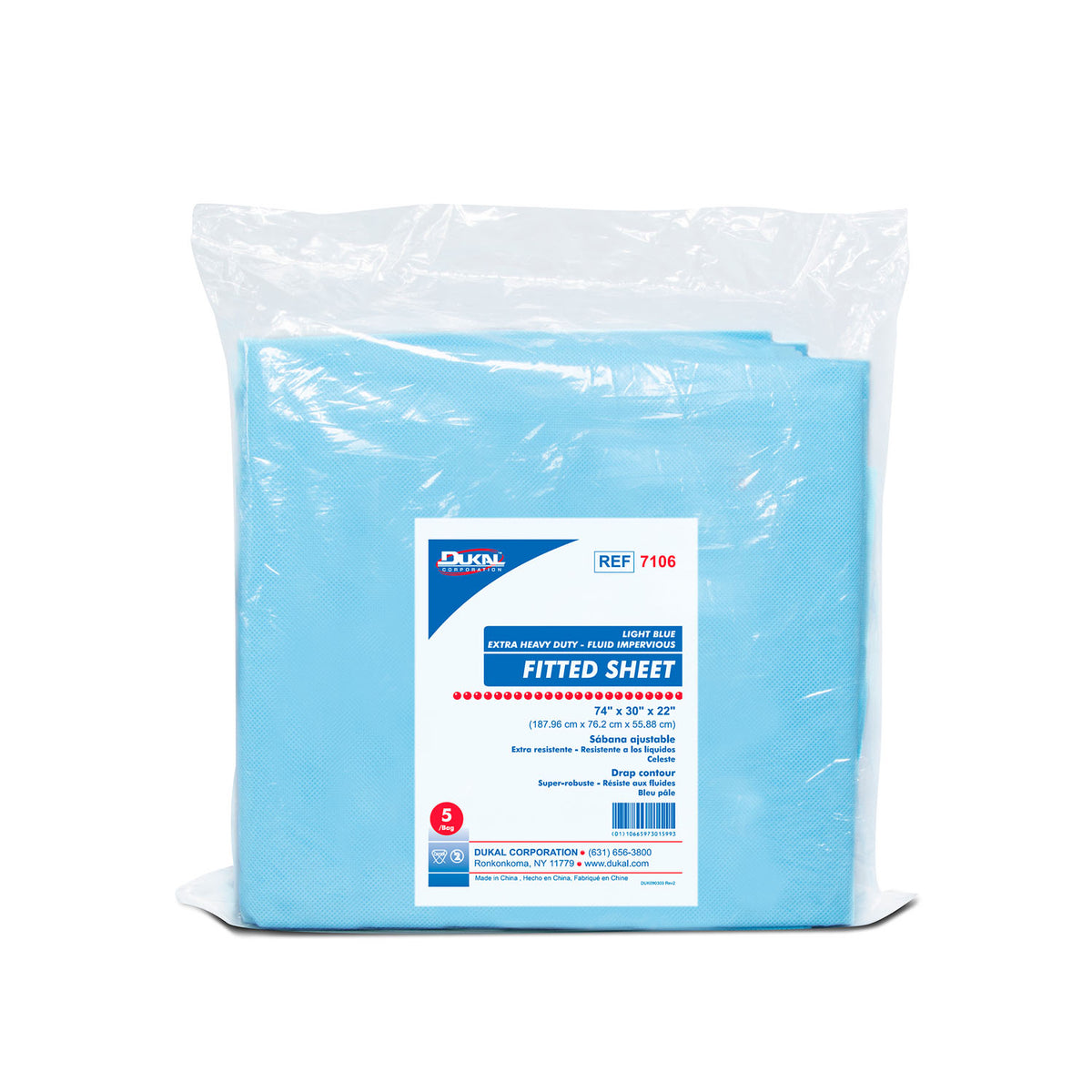 Dukal Corporation-7106 Fitted Sheet, Heavy Duty Fluid Impervious, 74" x 30" x 22", Lt. Blue (5/bg, 10 bg/cs,28 cs/plt)