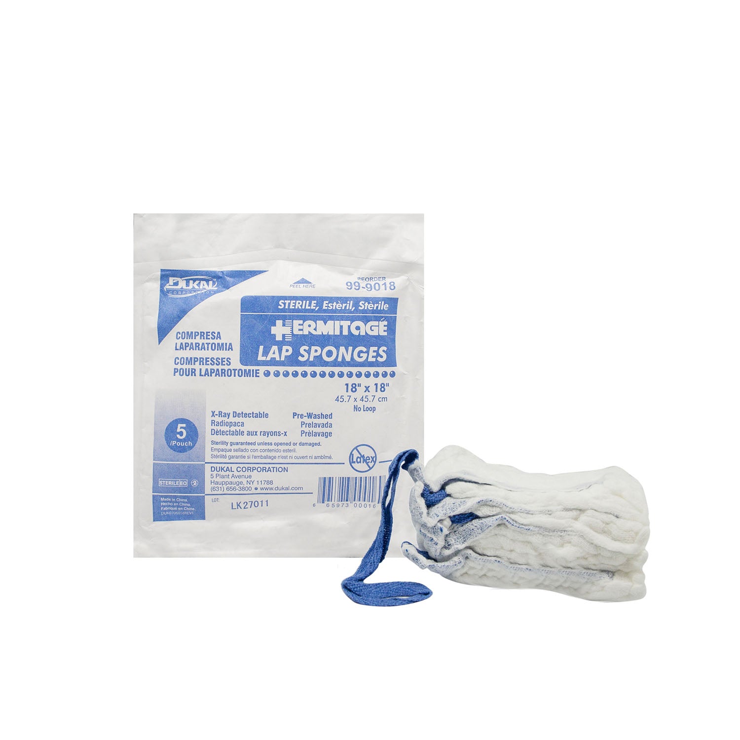 Dukal Corporation-99-9018 Laparotomy Sponge, 18" x 18", Sterile, X-Ray Detectable, No Loop, Prewashed, Softpack (5/pk, 40 pk/cs)