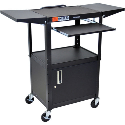 Luxor-AVJ42KBCDL Adjustable Height Steel A/V Cart with Keyboard Shelf, Drop Leaf Shelves, and Cabinet (Black)