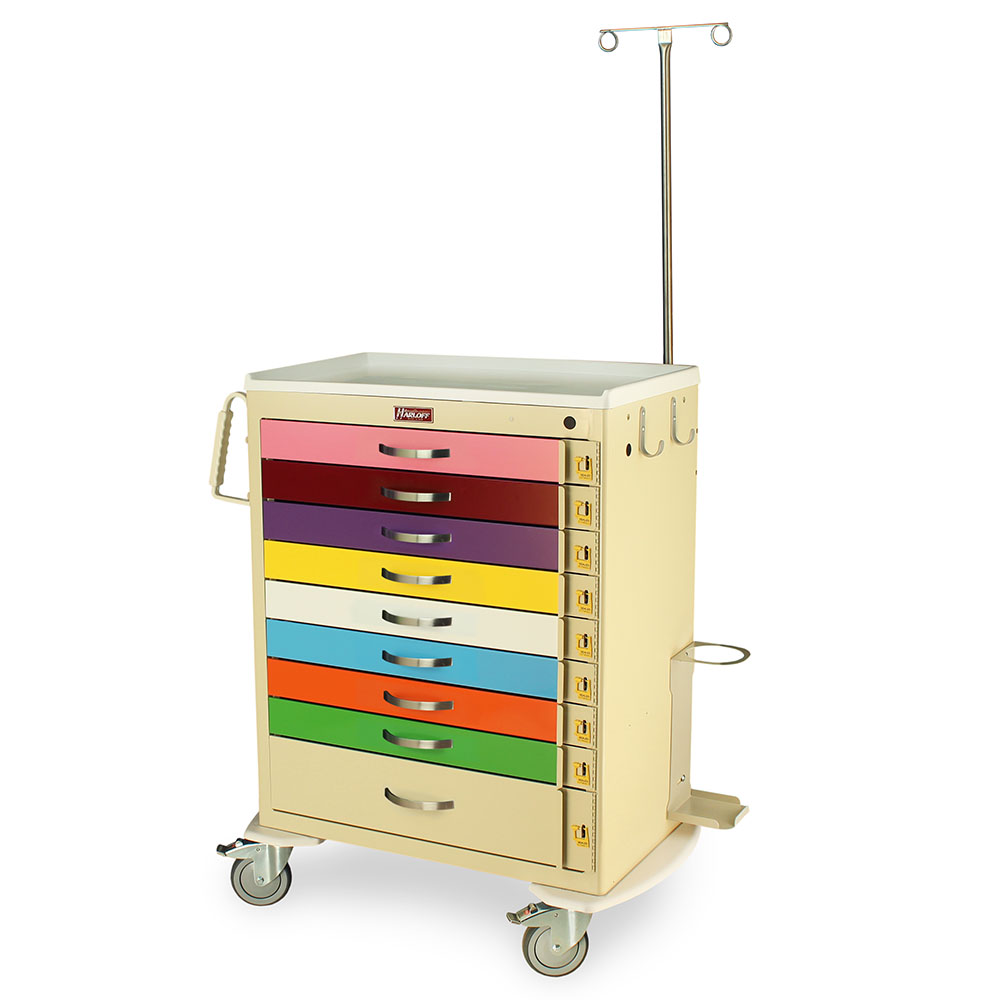 Harloff-MDS3030B09PED-EMG-M-Series Tall Pediatric Emergency Cart, Standard Width, Nine Drawer with Individual Breakaway Locks, EMG Accessory Package
