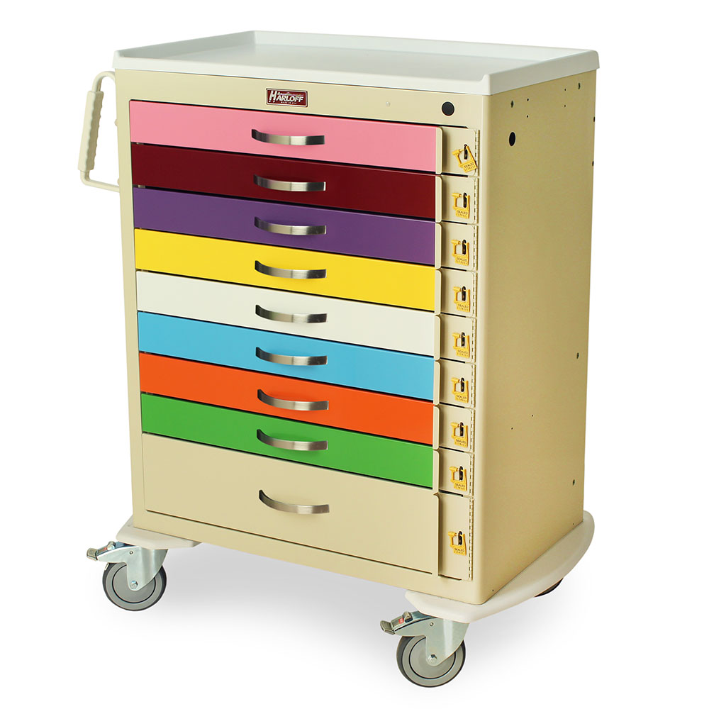 Harloff-MDS3030B09PED-M-Series Tall Pediatric Emergency Cart, Standard Width, Nine Drawer with Individual Breakaway Locks