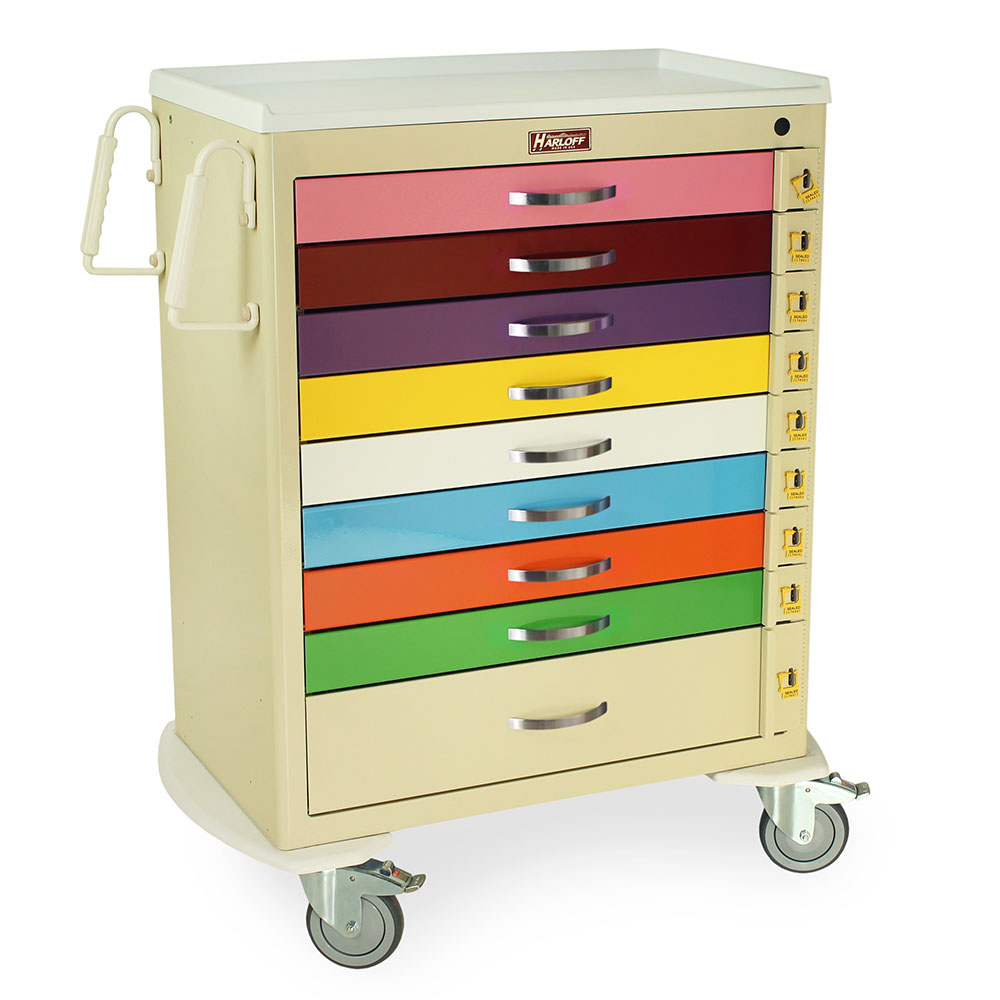 Harloff-MDS3030B09PED-M-Series Tall Pediatric Emergency Cart, Standard Width, Nine Drawer with Individual Breakaway Locks