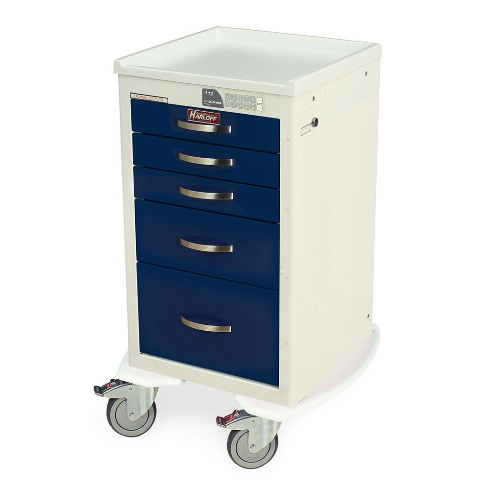 Harloff-MPA1824EKC05-A-Series Lightweight Aluminum Mini Width Short Anesthesia Cart Five Drawers with Electronic Keypad Lock