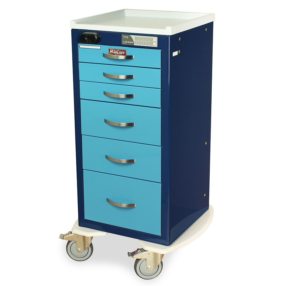 Harloff-MPA1830ELP06-A-Series Lightweight Aluminum Mini Width Tall Anesthesia Cart Six Drawers with Electronic Keypad Lock and Proximity Reader