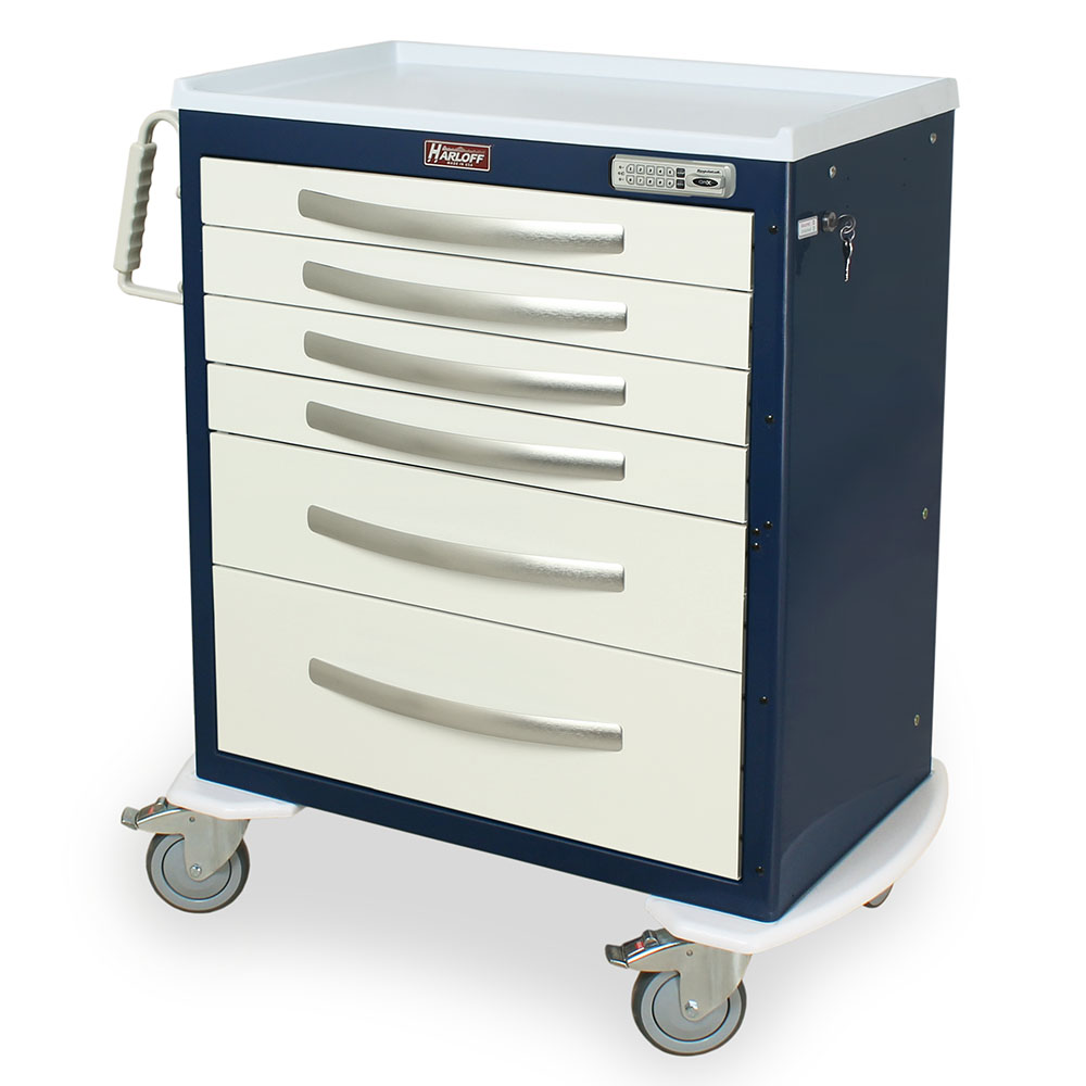 Harloff-MPA3027E06-A-Series Lightweight Aluminum Standard Width Medium Height Anesthesia Cart Six Drawers with Basic Electronic Pushbutton Lock
