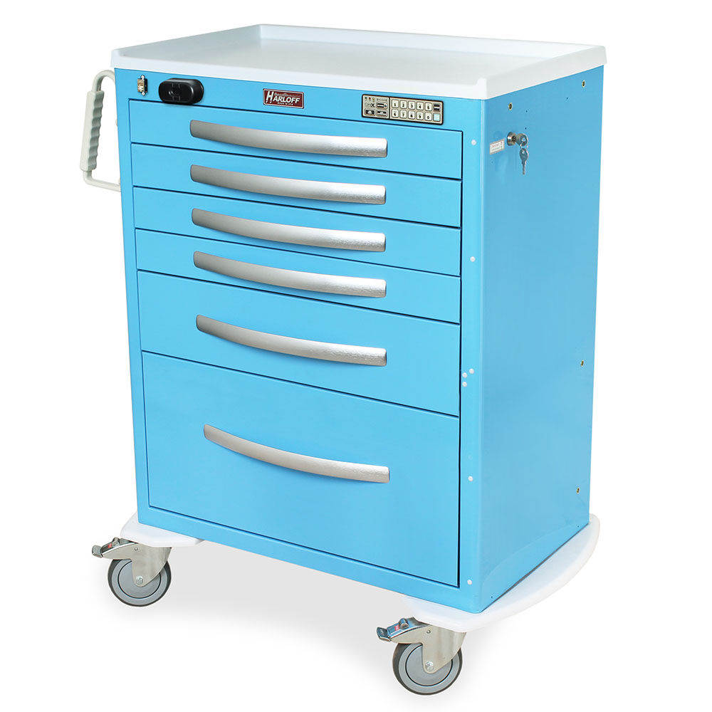 Harloff-MPA3030WLP16-A-Series Lightweight Aluminum Standard Width Tall Anesthesia Cart Six Drawers with Wireless Electronic Keypad Lock and Proximity Reader