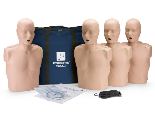 Maniquí profesional para adultos PRESTAN-PP-AM-400M-MS con información sobre RCP, paquete de 4 (piel mediana); incluye (50) protectores faciales/bolsas pulmonares para adultos, bolsa de transporte e instrucciones