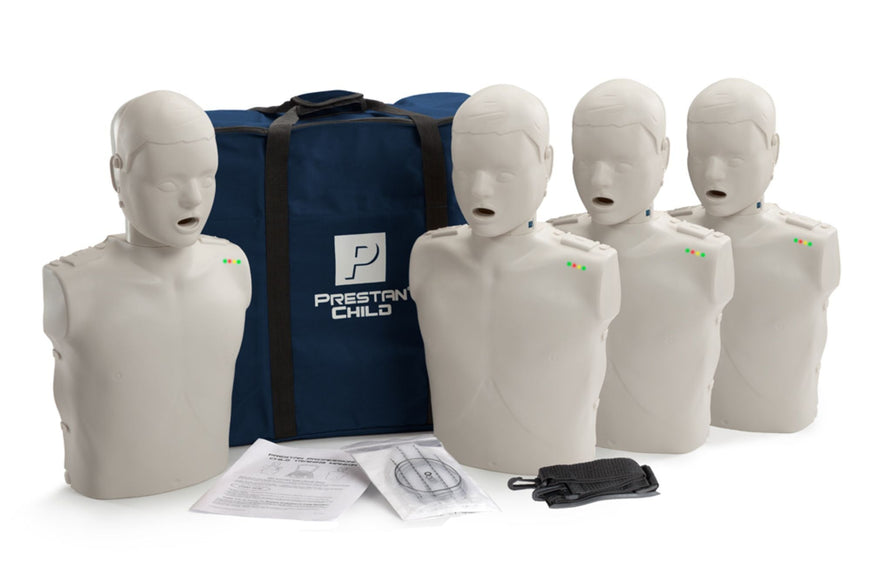 PRESTAN-PP-CM-400M-MS Maniquí infantil profesional con información de RCP, paquete de 4 (piel mediana); incluye (50) protectores faciales/bolsas pulmonares para niños, bolsa de transporte e instrucciones