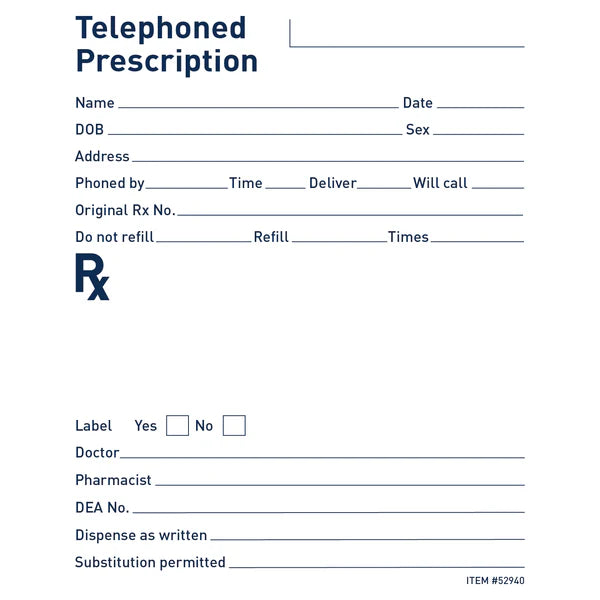 Apothecary Products-52940 Rx Telephoned Prescription Pad