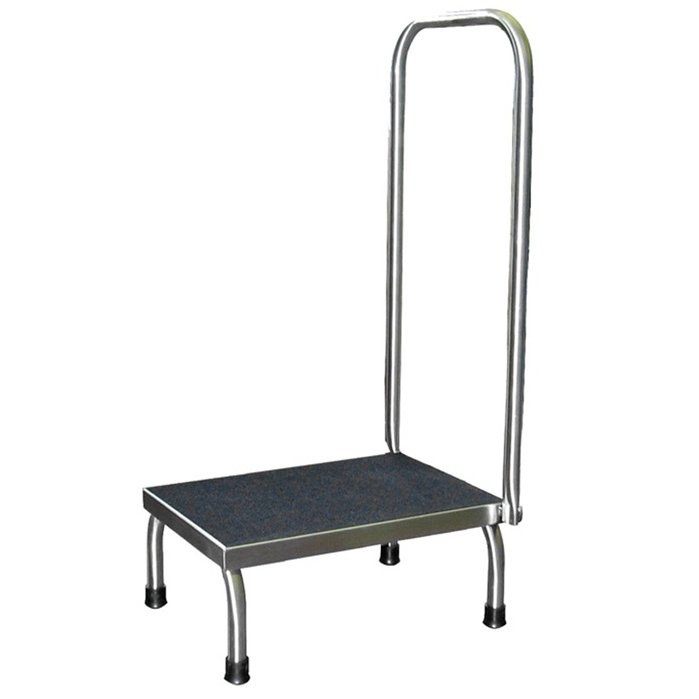 UMF MEDICAL-SS8378 Stainless Steel 1 Step foot stool w/handrail, 18"W x 7 5/8"H x 12"D, handrail 36"H