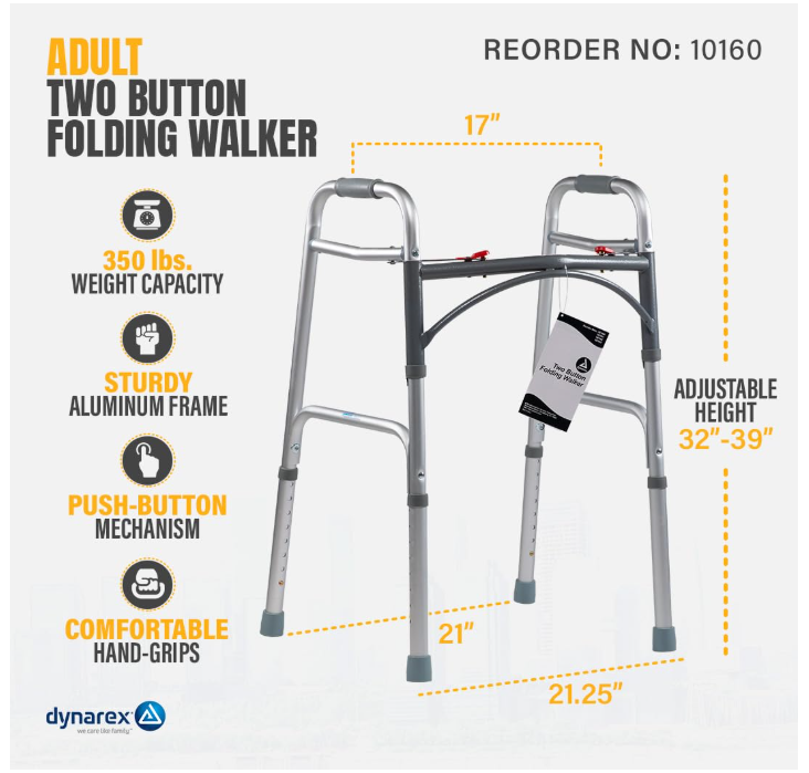 Dynarex 10160-4 Adult Two Button Folding Walker, (32-39), 1pc/bag,4bags/cs