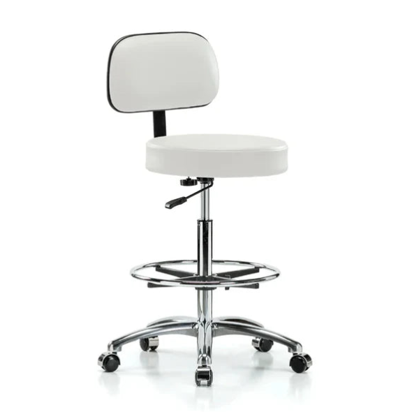 Taburete para médico Graham Field, liberación con manija en forma de D, base de aluminio pulido con respaldo y reposapiés