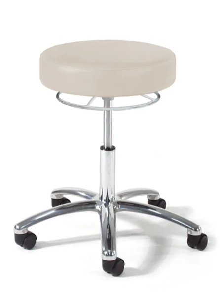 Taburete para médico Graham Field, liberación manual cromada de 360 grados, base de aluminio pulido