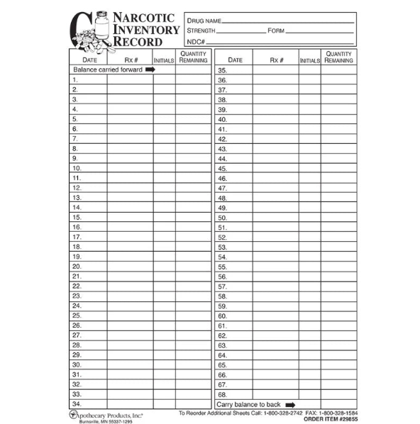 Apothecary Products-29855 Narcotic Inventory Book Replacement Sheets