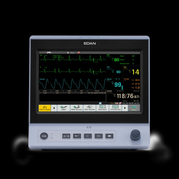 Monitor de paciente EDAN X10 con pantalla táctil de 10'' y Wi-Fi. Parámetros estándar: ECG de 3/5 derivaciones, RESP, NIBP, Edan SpO2, 2-TEMP, PR, HR y módulo de CO2 Edan Sidestream G2 OEM interno