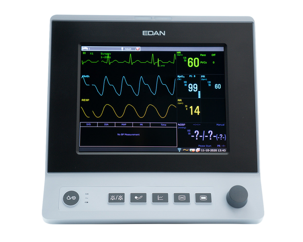 Monitor de paciente EDAN X10 con pantalla táctil de 10'' y Wi-Fi. Configuración estándar ECG 3/5 derivaciones, RESP, NIBP, Edan SpO2, 2-TEMP, PR, HR y memoria interna para revisión de datos previos.