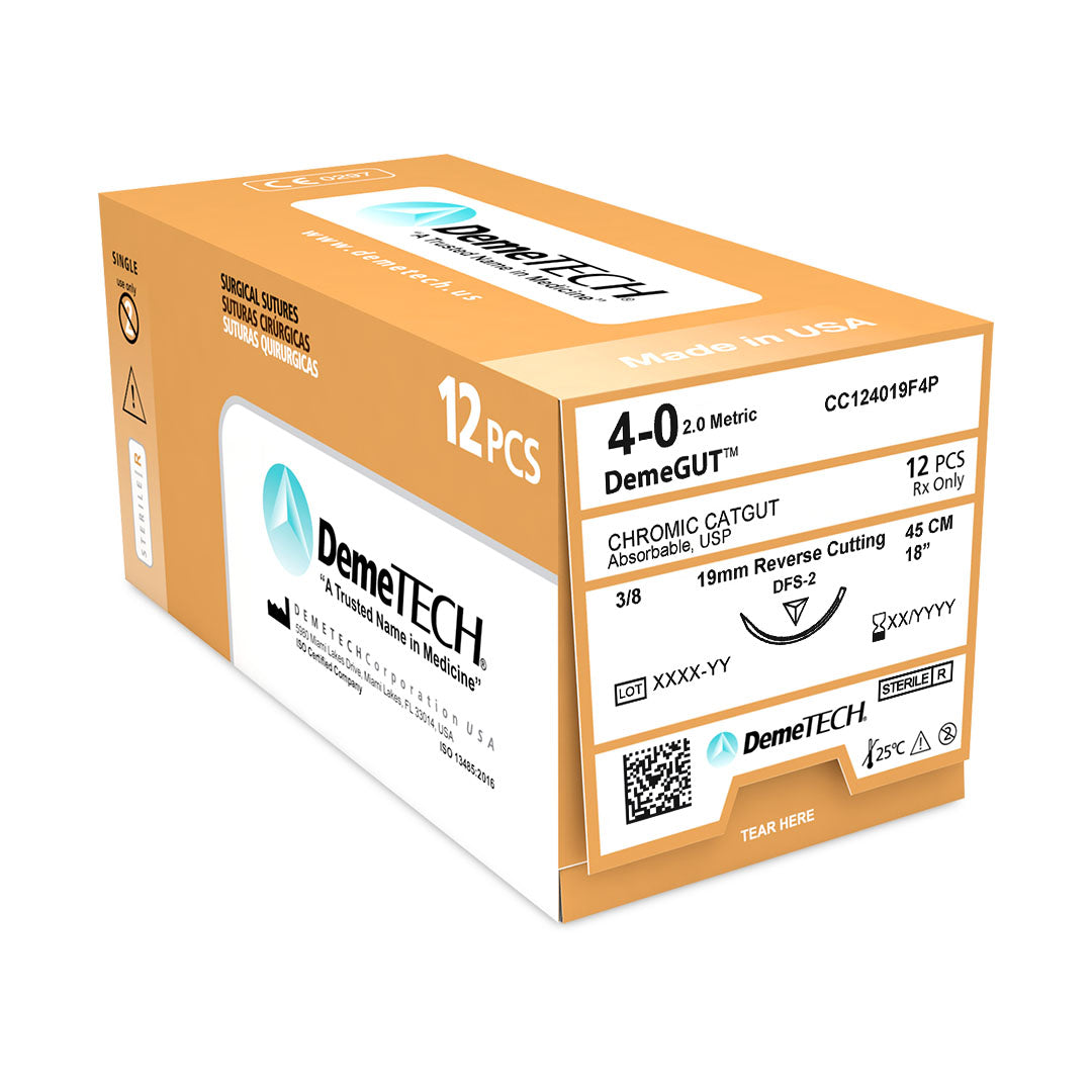 DemeTECH-CC124019F4P DemeGUT 4/0, 18' (45 Cm) Chromic Catgut Absorbable Brown Suture, 12/Box