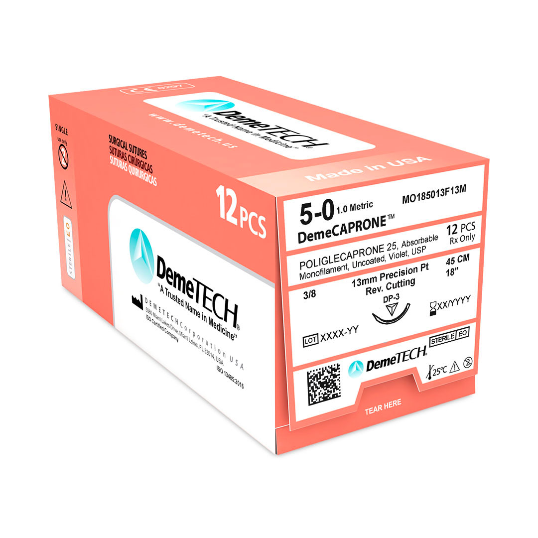 DemeTECH-MO185013F13M 5-0 DemeTECH DemeCAPRONE PGCL violet 18" P-3 Reverse Cutting - Absorbable, Monofilament, PGCL, Poliglecaprone, Suture, Synthetic 12/Box