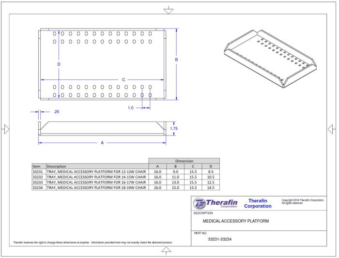 Therafin-33233-Tray, Medical Accessory Platform for 16-17W Chair