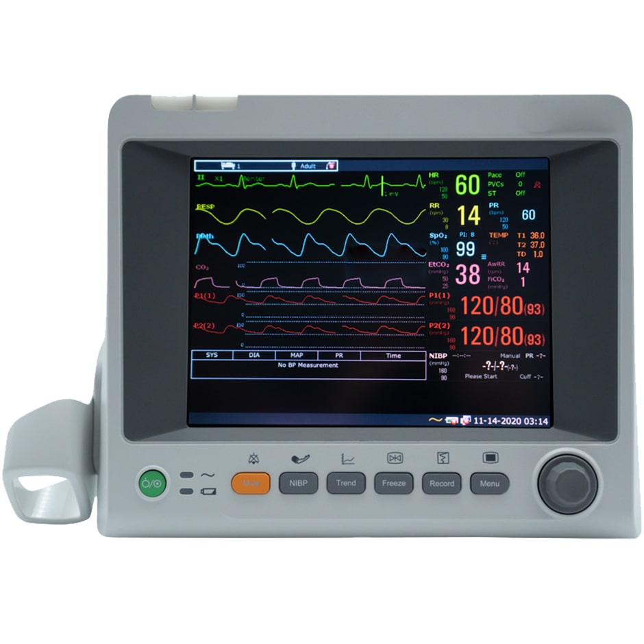 Monitor de paciente EDAN iM50 con pantalla de 8,4''. Configuración estándar: ECG de 3/5 derivaciones, RESP, NIBP, 2-TEMP, PR, HR, EDAN SpO2. Puertos abiertos para CO2 e IBP.