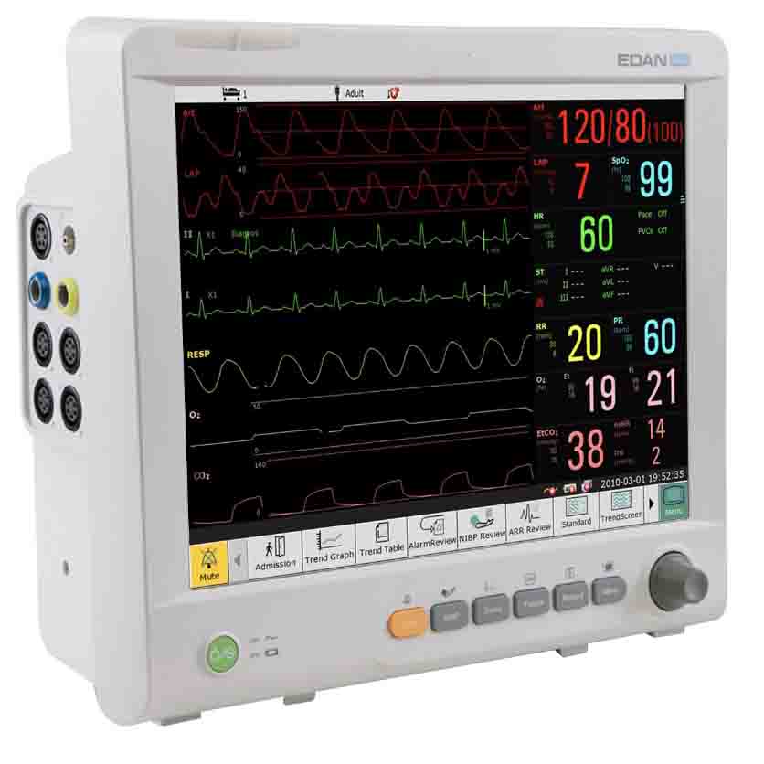 Monitor de paciente EDAN iM80 con pantalla táctil de 15''. ECG de 3/5 derivaciones, RESP, NIBP, 2-TEMP, PR, HR, EDAN SpO2 y módulo de CO2 Edan Sidestream G2 OEM interno. Impresora instalada.