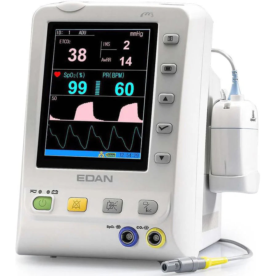 Monitor de signos vitales M3B con monitorización de CO2 y SpO2. Pantalla TFT a color de 5,7 pulgadas. Medición de CO2 Sidestream de Respironics con el módulo LoFlo.