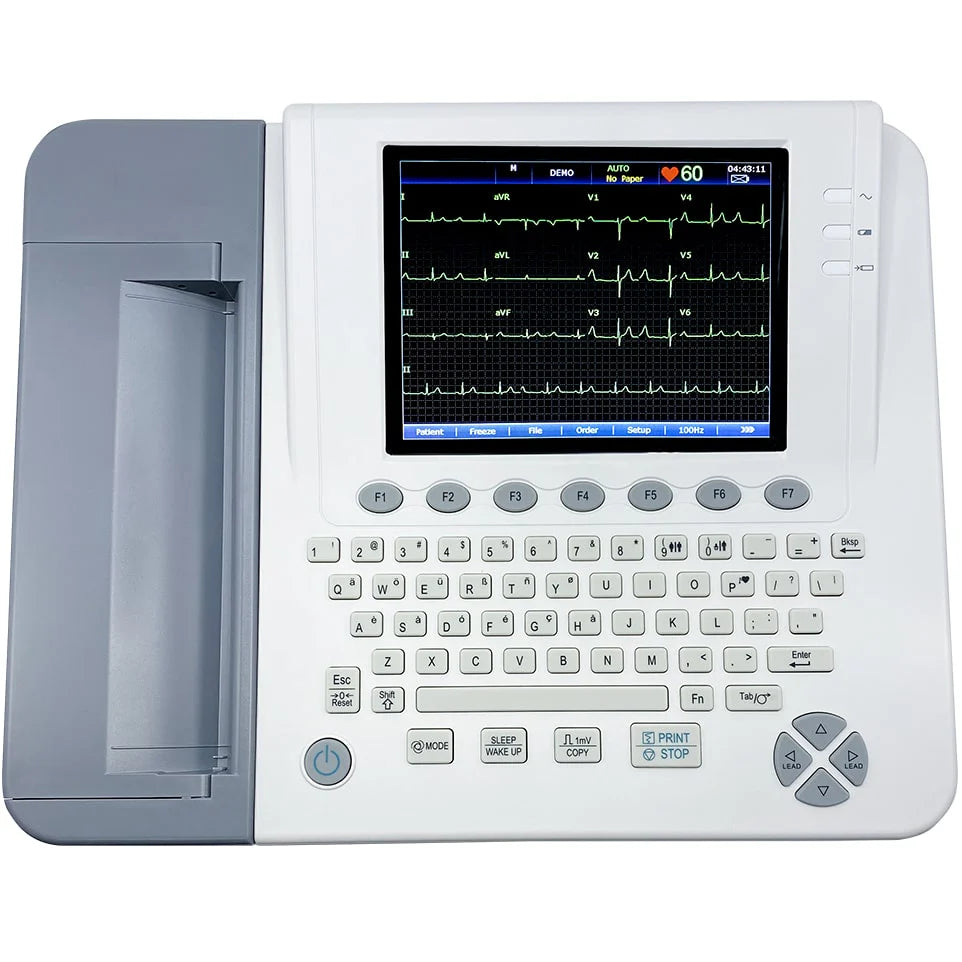 ECG EdanUSA de doce canales, pantalla LCD de 8,4", teclado, wifi y pantalla a color. Creador de PDF integrado y memoria interna para 800 pruebas con interpretación de Glasgow.