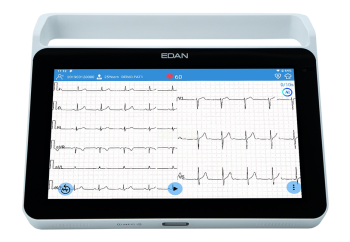 EDAN iSE con configuración de 18 canales. Pantalla táctil de 10'' con wifi y bluetooth. Comunicación directa con EMR/HIS vía HL7 y DICOM. Ranura para tarjeta SIM y FDA-XML